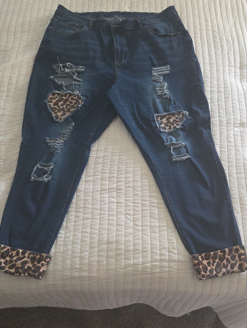 SHEIN Dark Blue Ripped Jeans with Leopard Patch and Cuff Sz 4x